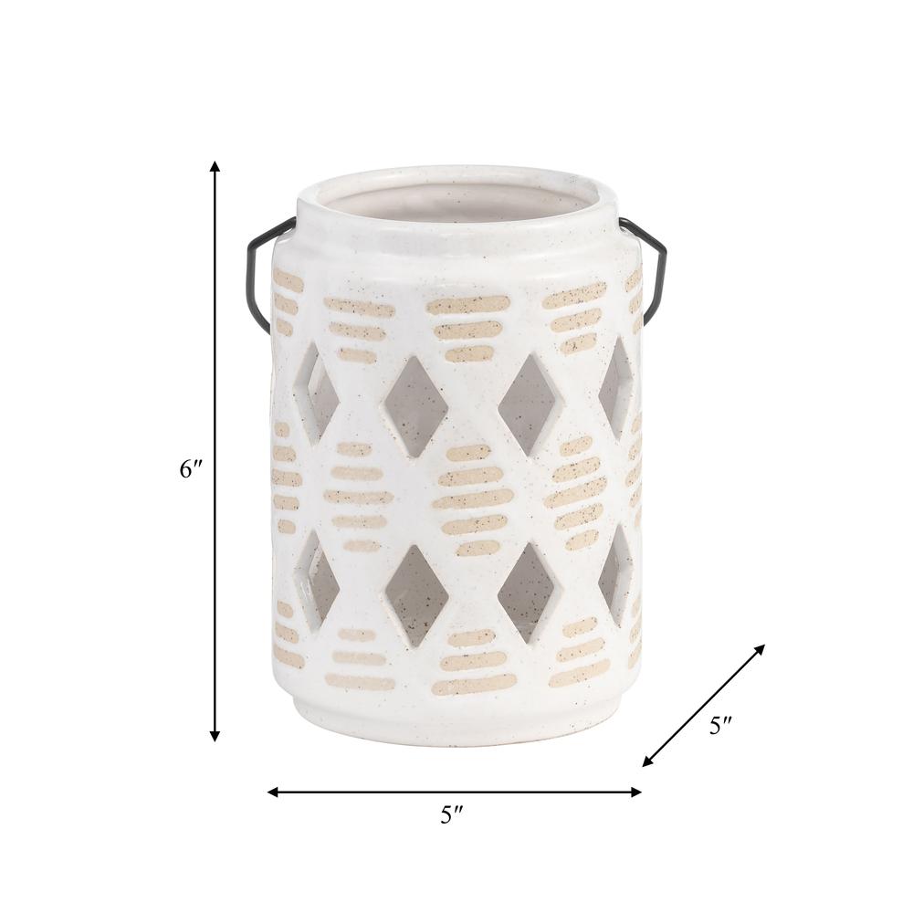 Cer, 6"h Diamond Cut Out Lantern, Ivory. Picture 7