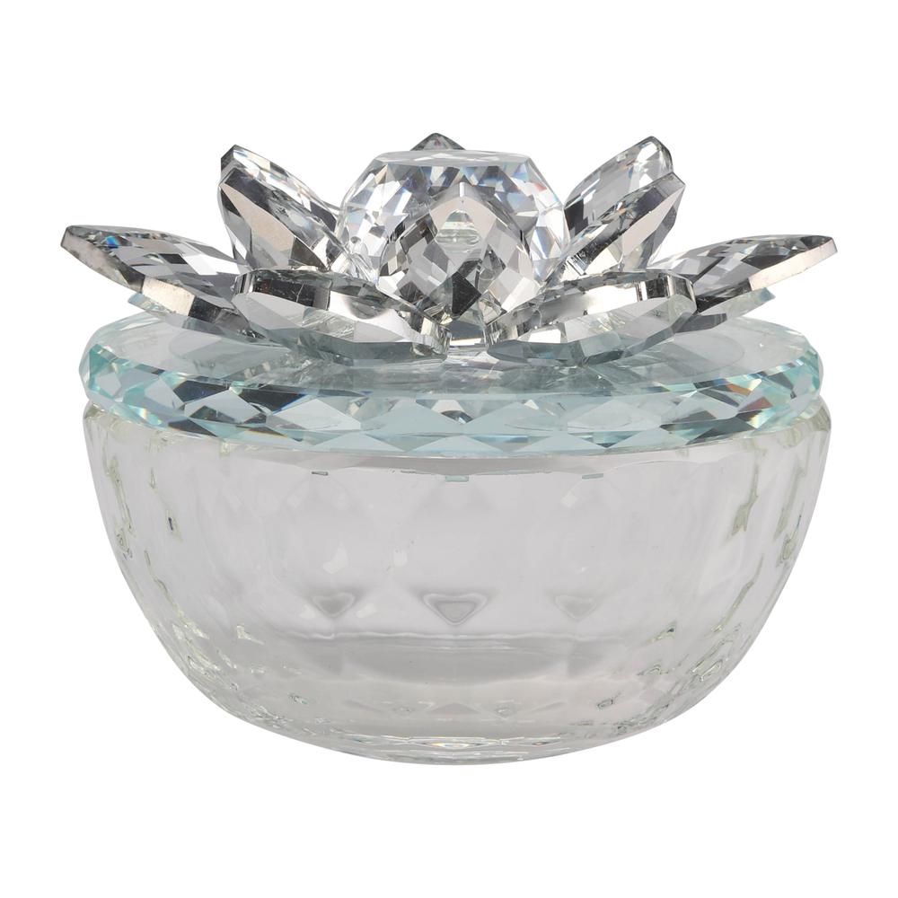 Glass Trinket Box Clear W/silver Lotus Top. Picture 1