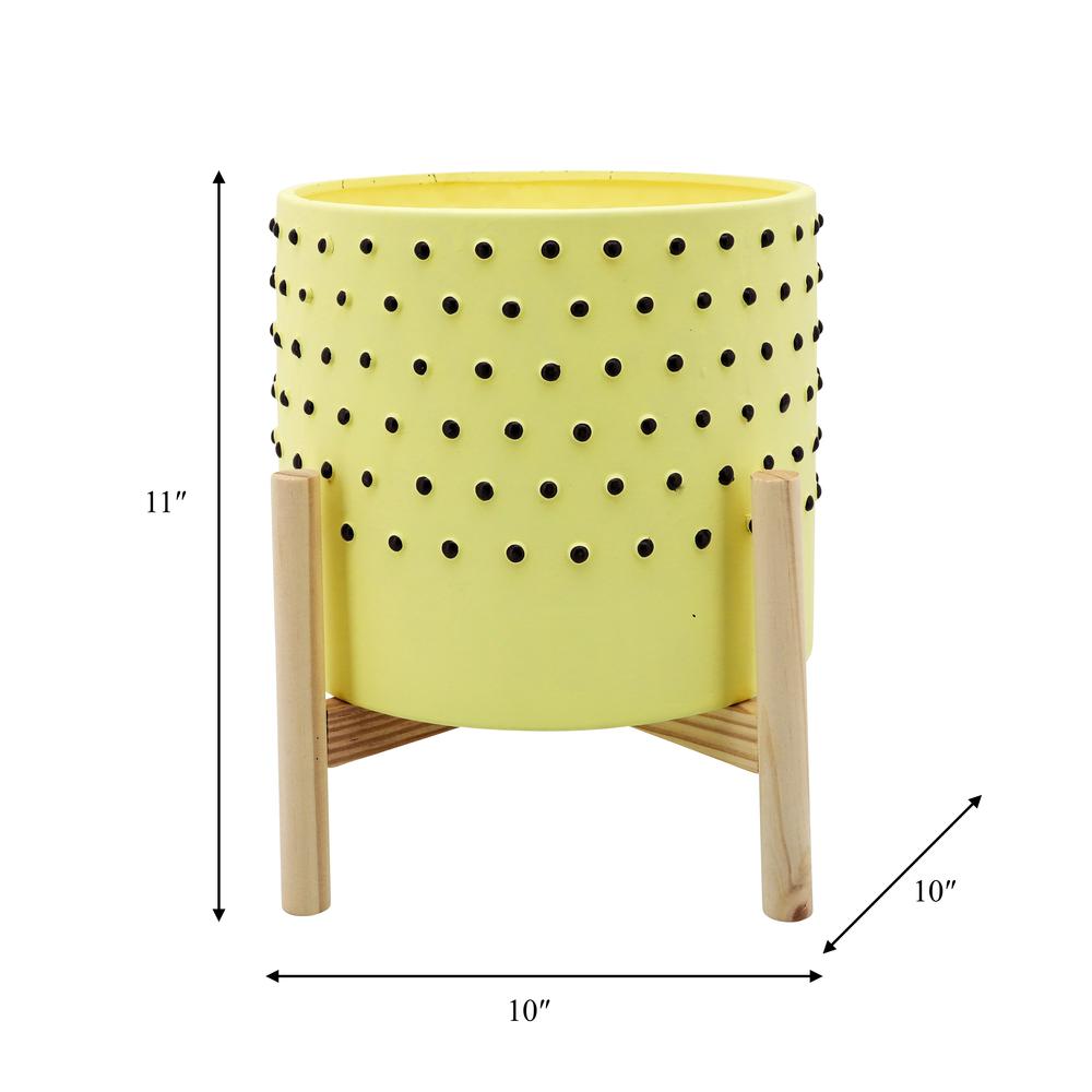 10" Dotted Planter W/ Wood Stand, Yellow. Picture 3