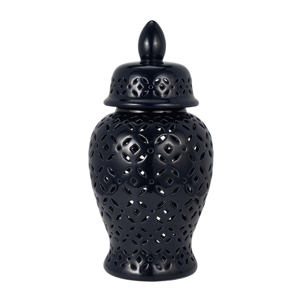 24" Cut-out Daisies Temple Jar, Navy Blue. Picture 1