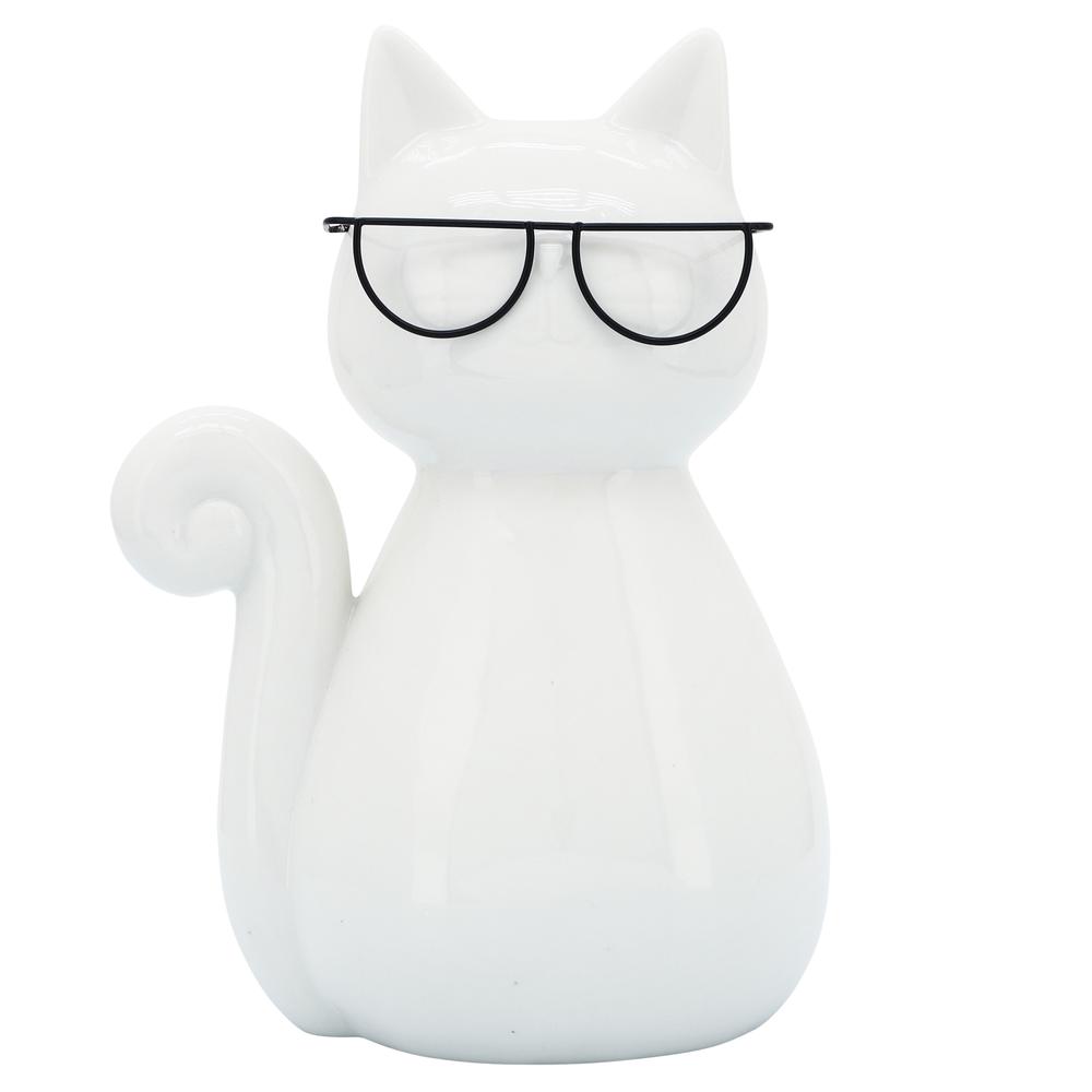 Porcelain, 7"h Cat W/ Glasses, White. Picture 2