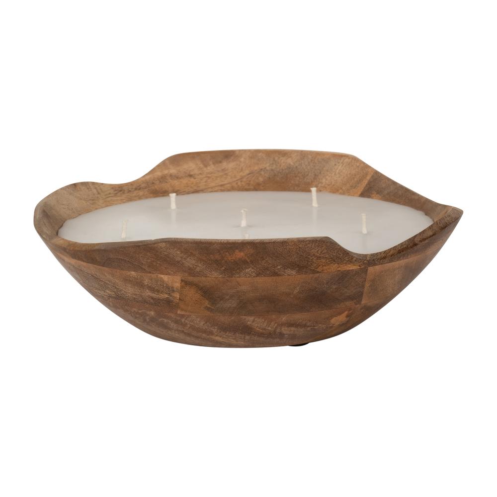 9" 14 Oz Vanilla Curvy Wood Bowl Candle, Natural. Picture 3