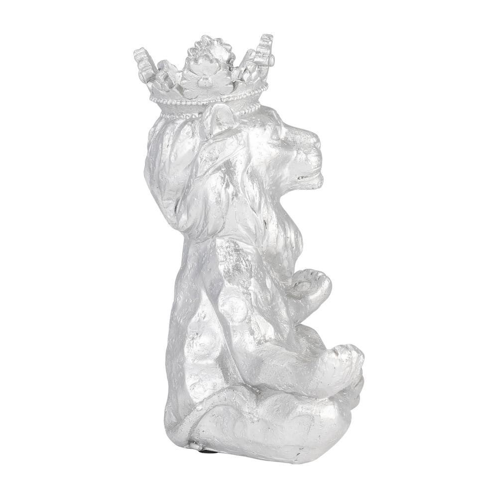 Resin 7" Yoga Lion W/ Crown, Silver. Picture 3