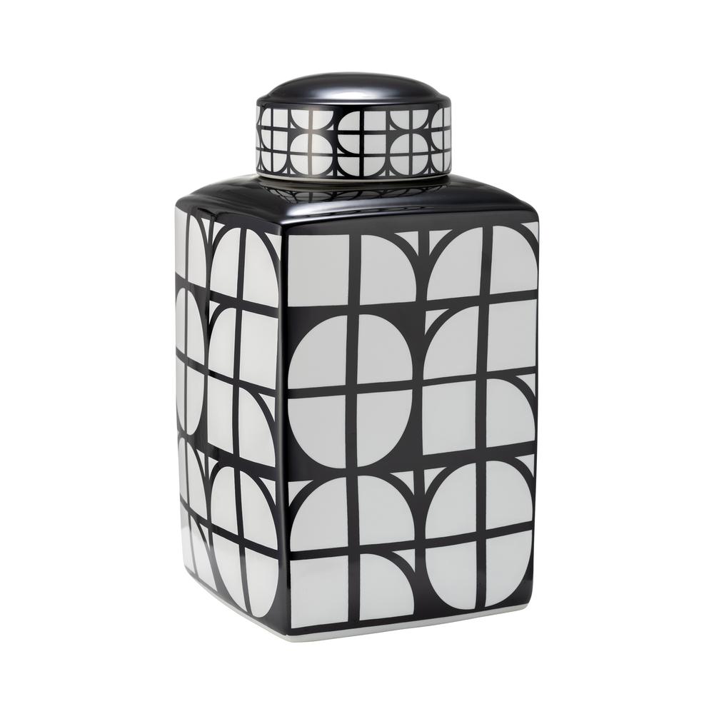 Cer, 16"h Square Jar W/ Lid, Black/white. Picture 2