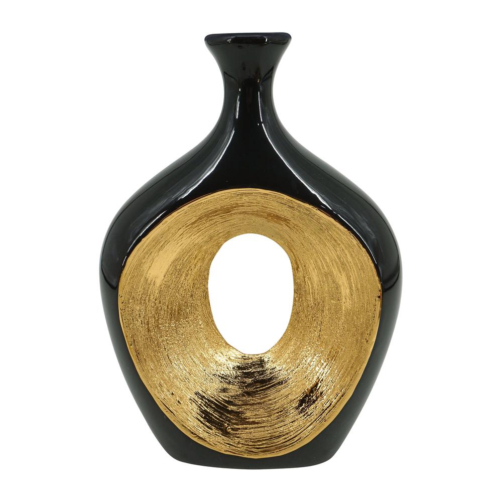 Cer, 13"h 2-tone Scratched Oval Vase, Blk/gld. Picture 1