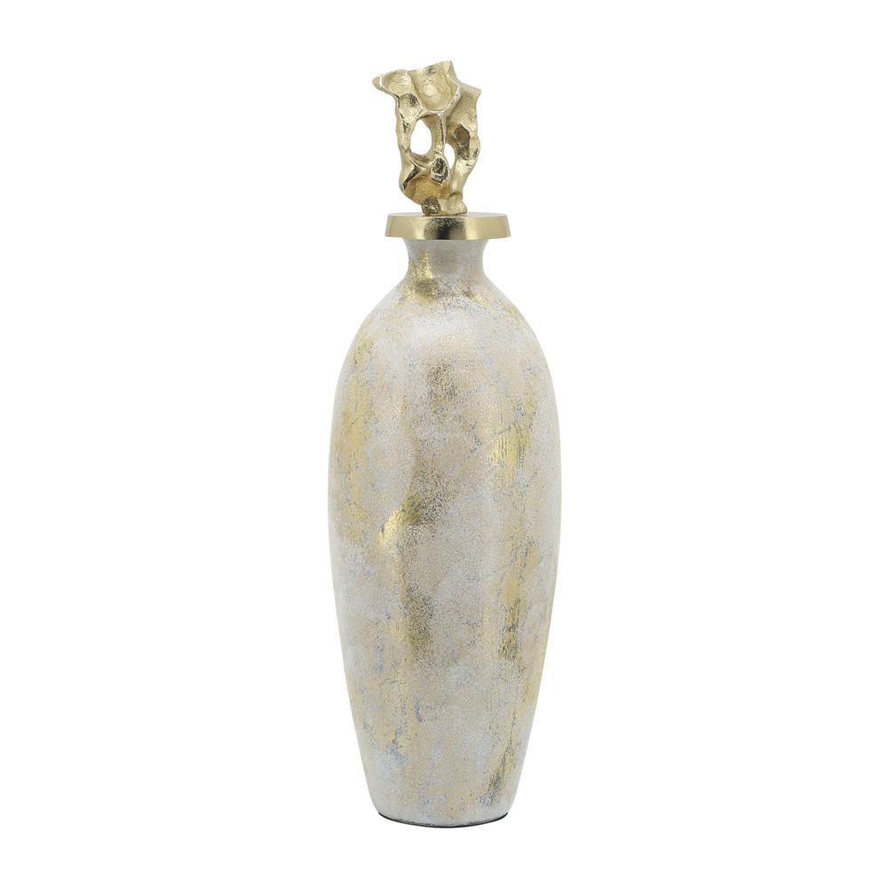 Glass, 23"h Metal Vase Tribal Topper,  White/gold. Picture 1