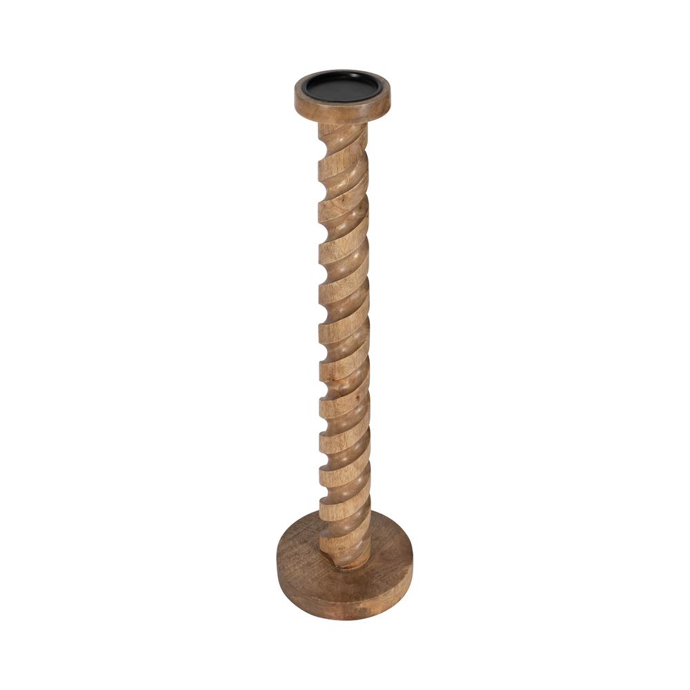 Wood, 30" Spiral Floor Pillar Candleholder, Natura. Picture 3