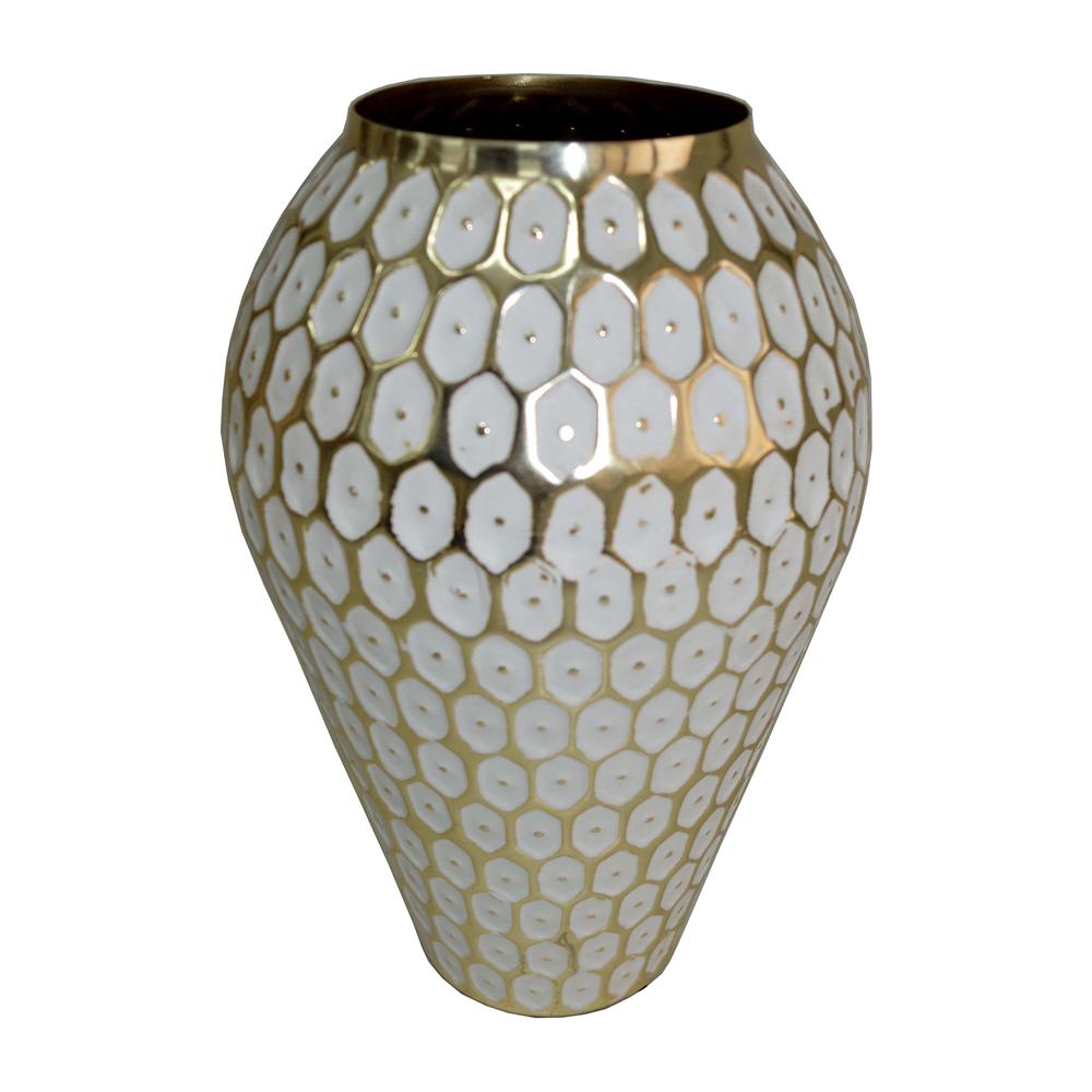 Metal, 12" Tribal Urn Vase, Gold. Picture 1