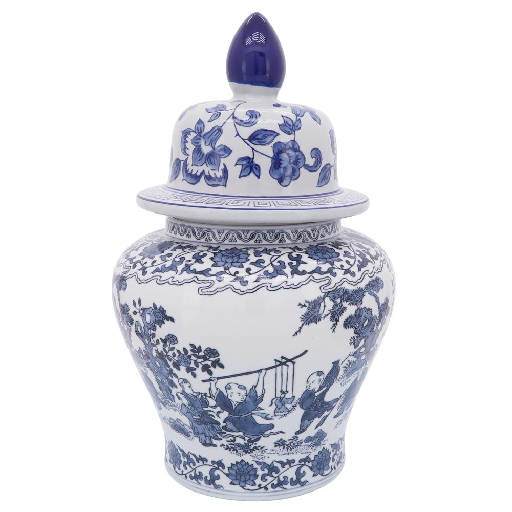 Cer, 15"h Blossoms Temple Jar, Blue. Picture 1