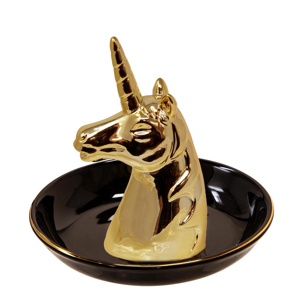 Ceramic 6" Unicorn Trinket Tray, Black/gold. Picture 1
