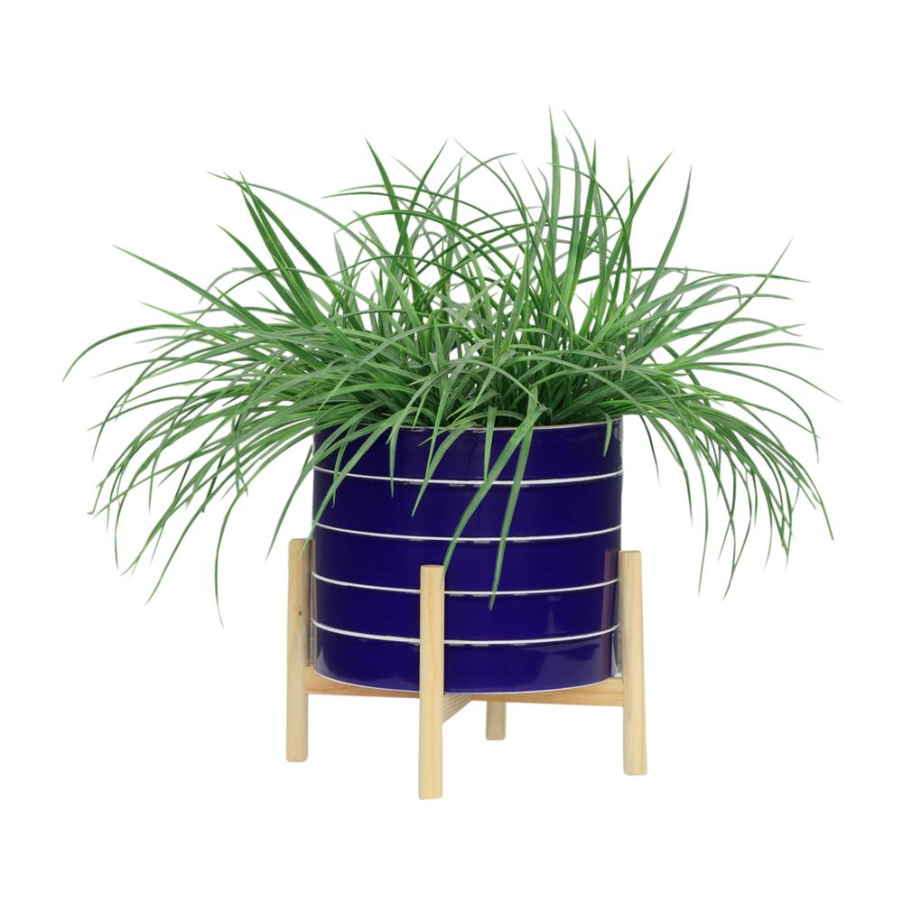10" Striped Planter W/ Wood Stand, Navy. Picture 4