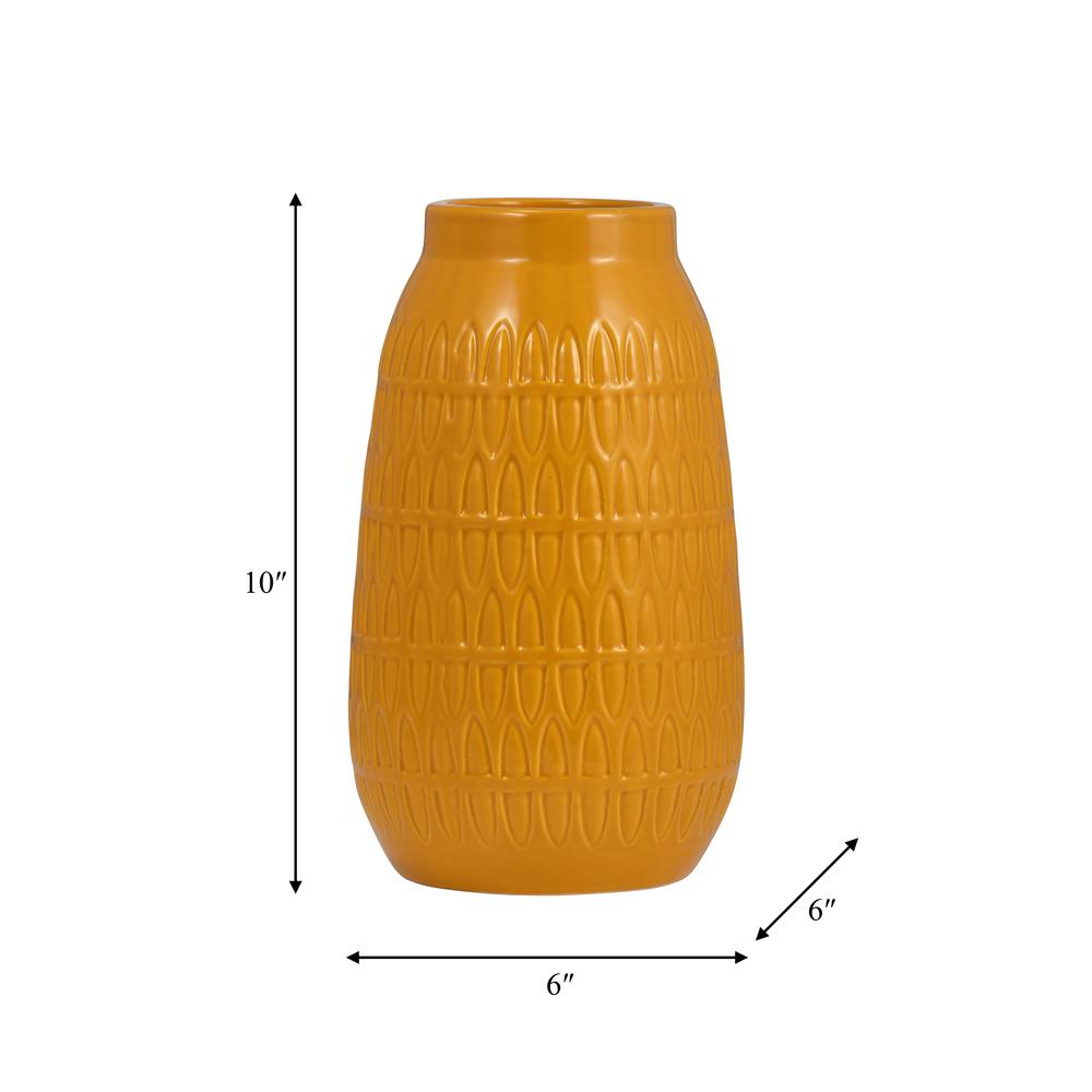 Cer, 10"h Carved Vase, Mustard Gold. Picture 9