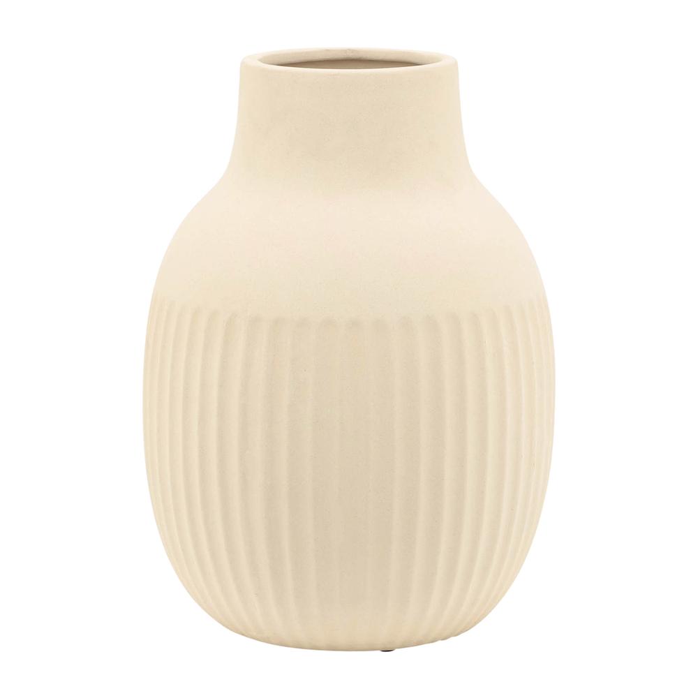 Cer, 9"h Ridged Bulbous Vase, Ivory. Picture 2