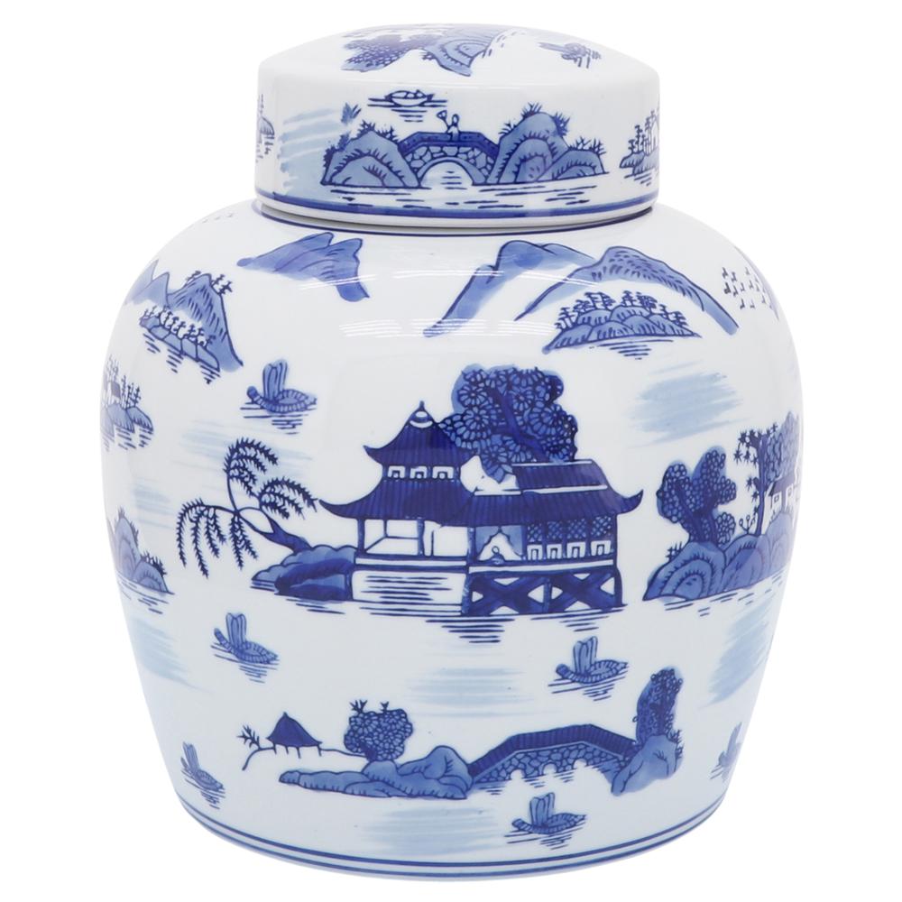 Cer, 9"h Rounded Jar W/ Lid, Blue. Picture 1