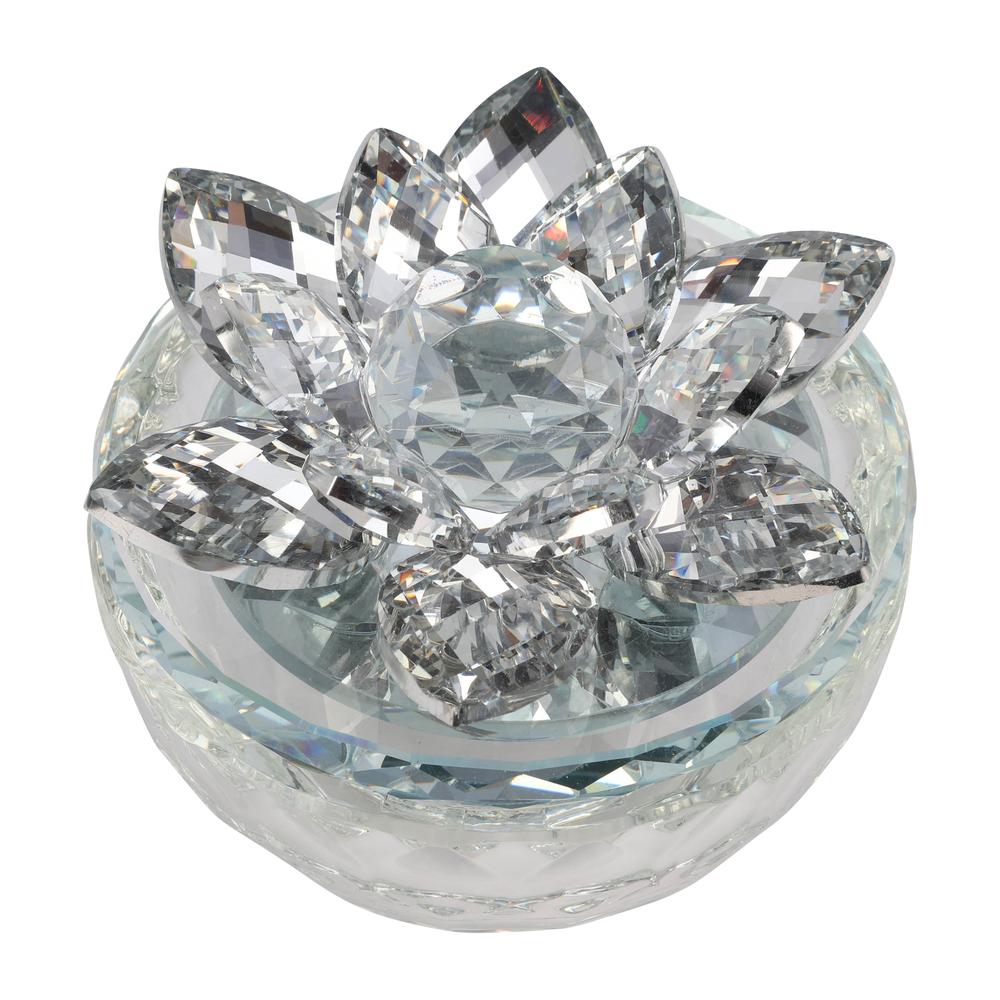 Glass Trinket Box Clear W/silver Lotus Top. Picture 5
