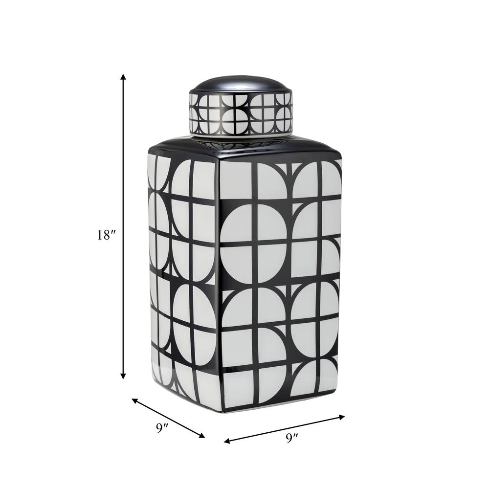 Cer, 18"h Square Jar W/ Lid, Black/white. Picture 8