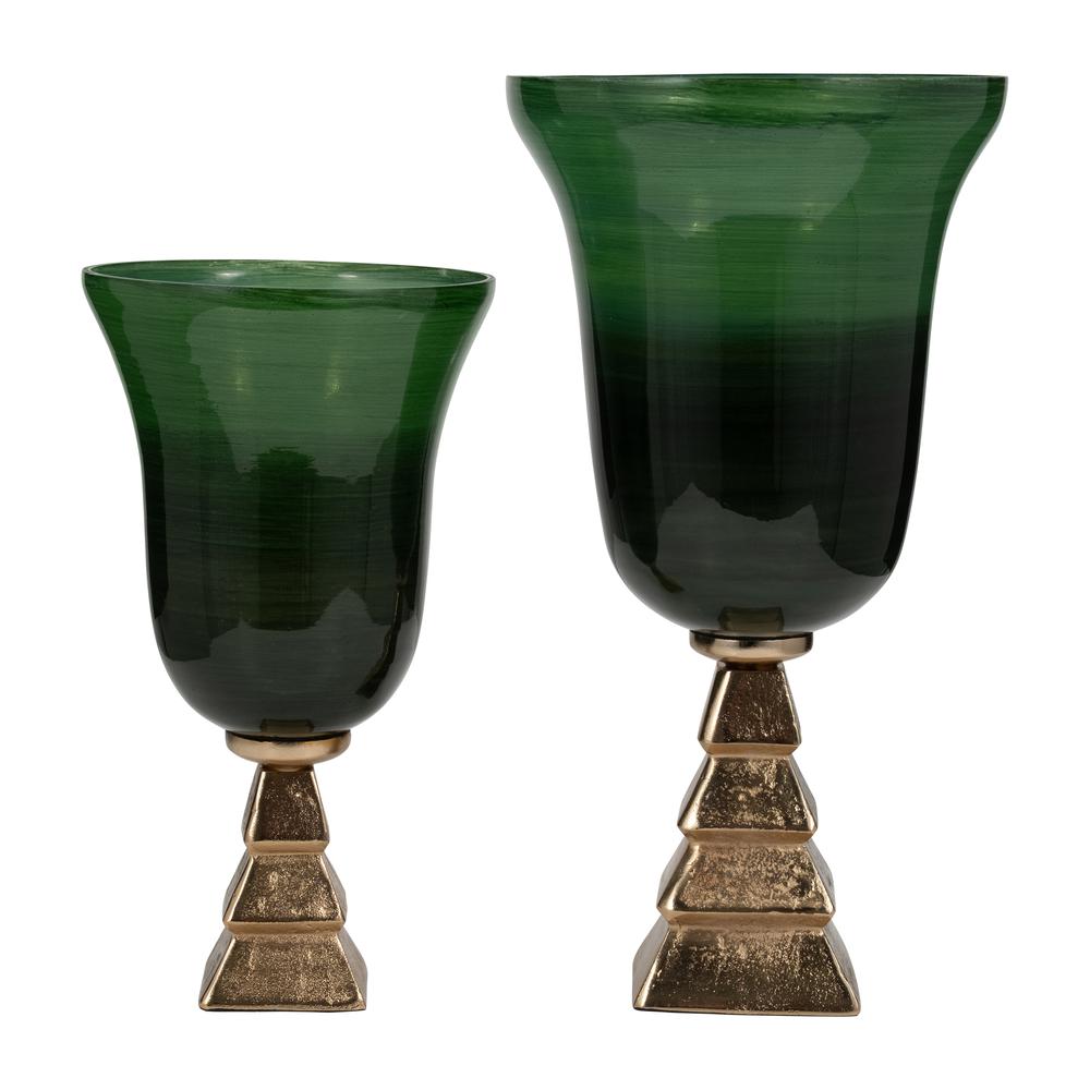 Glass, 15" 5th Ave Vase On Stand, Green/gold. Picture 7