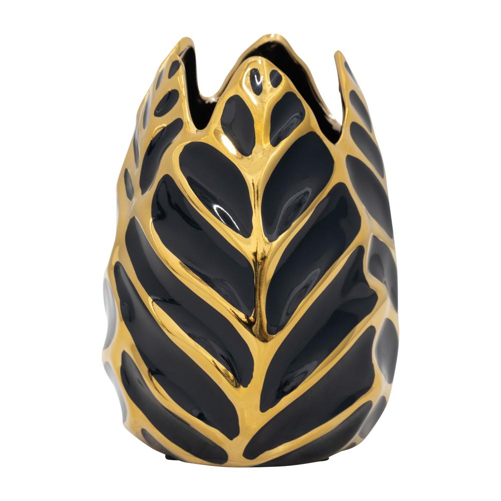 Ceramic 8" Leaf Vase, Drk Navy/gold. Picture 1