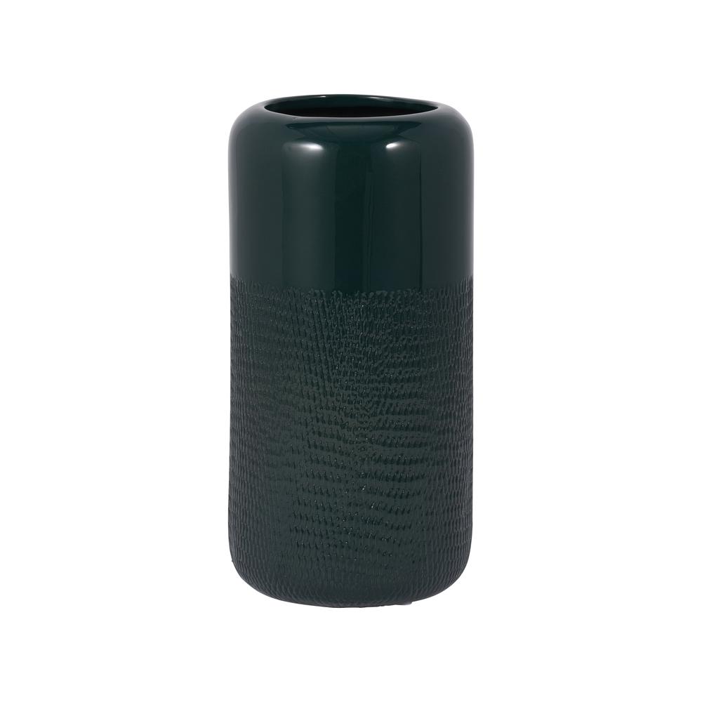 Cer, 10"h Grooved Vase, Forest Green. Picture 1