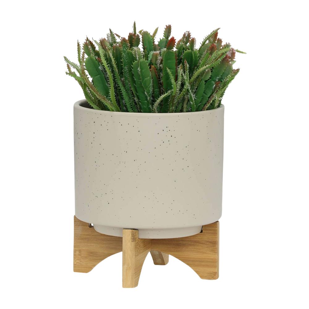 S/2 5/8" Planter W/ Wood Stand, Matte Beige. Picture 3