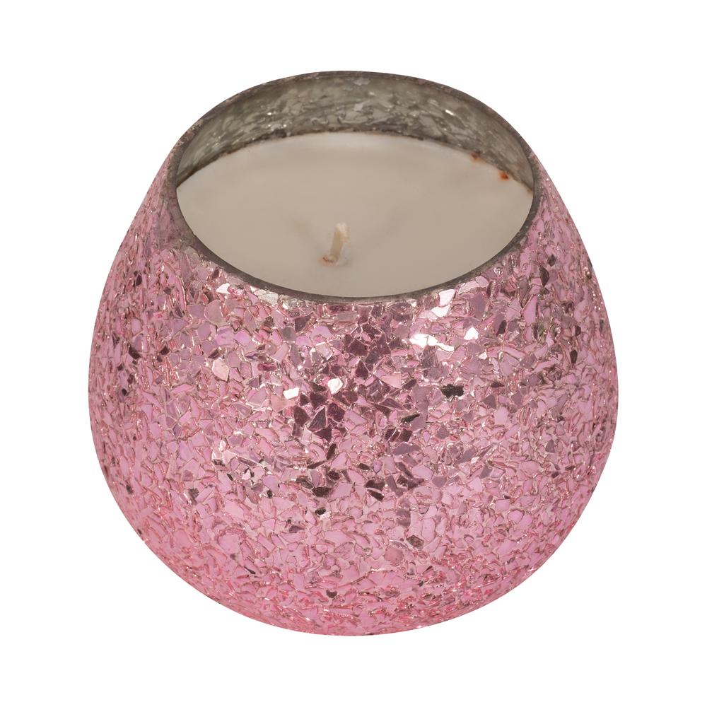 Glass, 5" 17 Oz Crackled Scented Candle, Pink. Picture 4