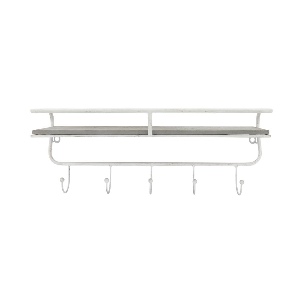 Metal/wood 20" 5  Hook Wall Shelf, White/gray. Picture 2