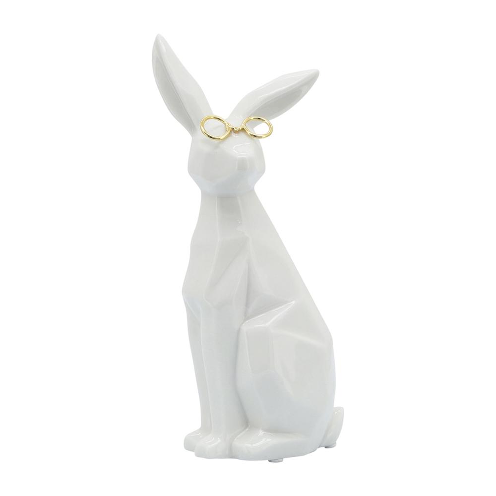 Cer, 8"h Sideview Bunny W/ Glasses, White/gold. Picture 1