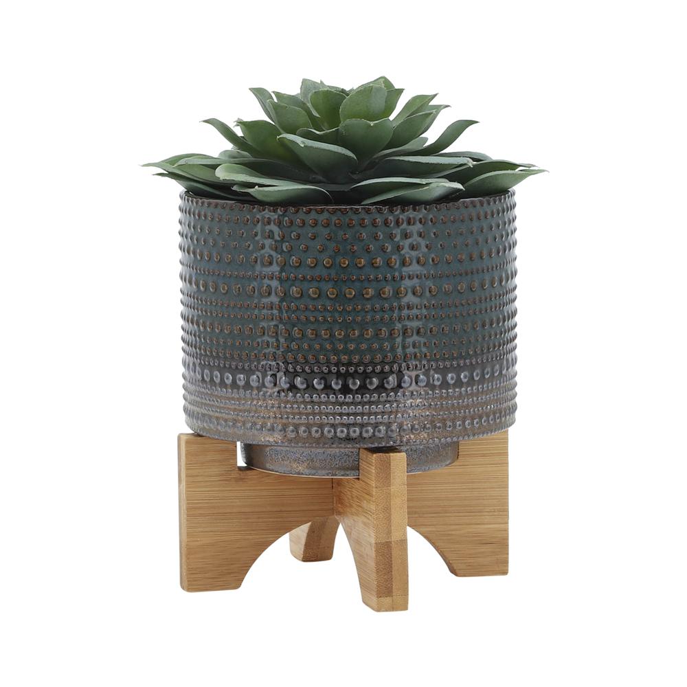5" Dotted Planter W/ Wood Stand, Green. Picture 3