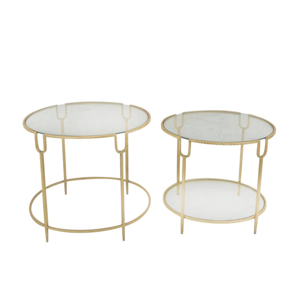 S/2 Round Gold Accent Tables, Glass Top. Picture 1