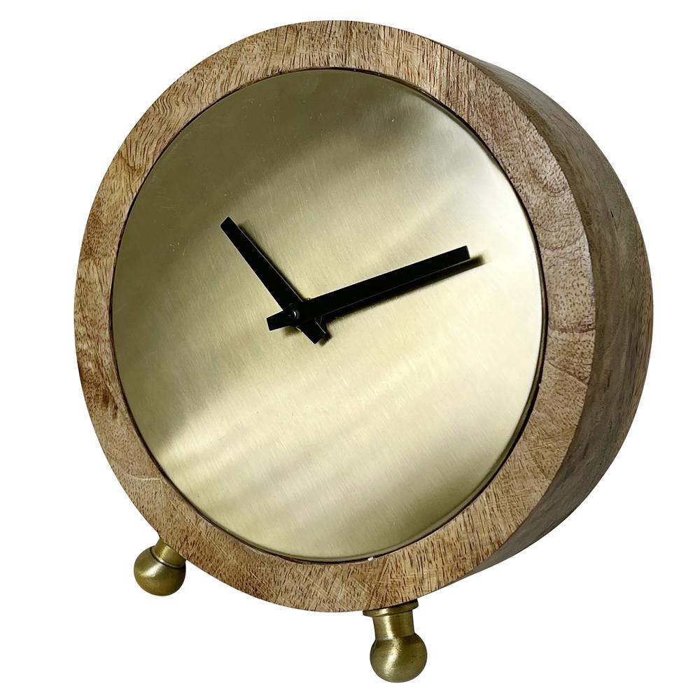 Wood, 7" Round Gold Face Table Clock. Picture 1