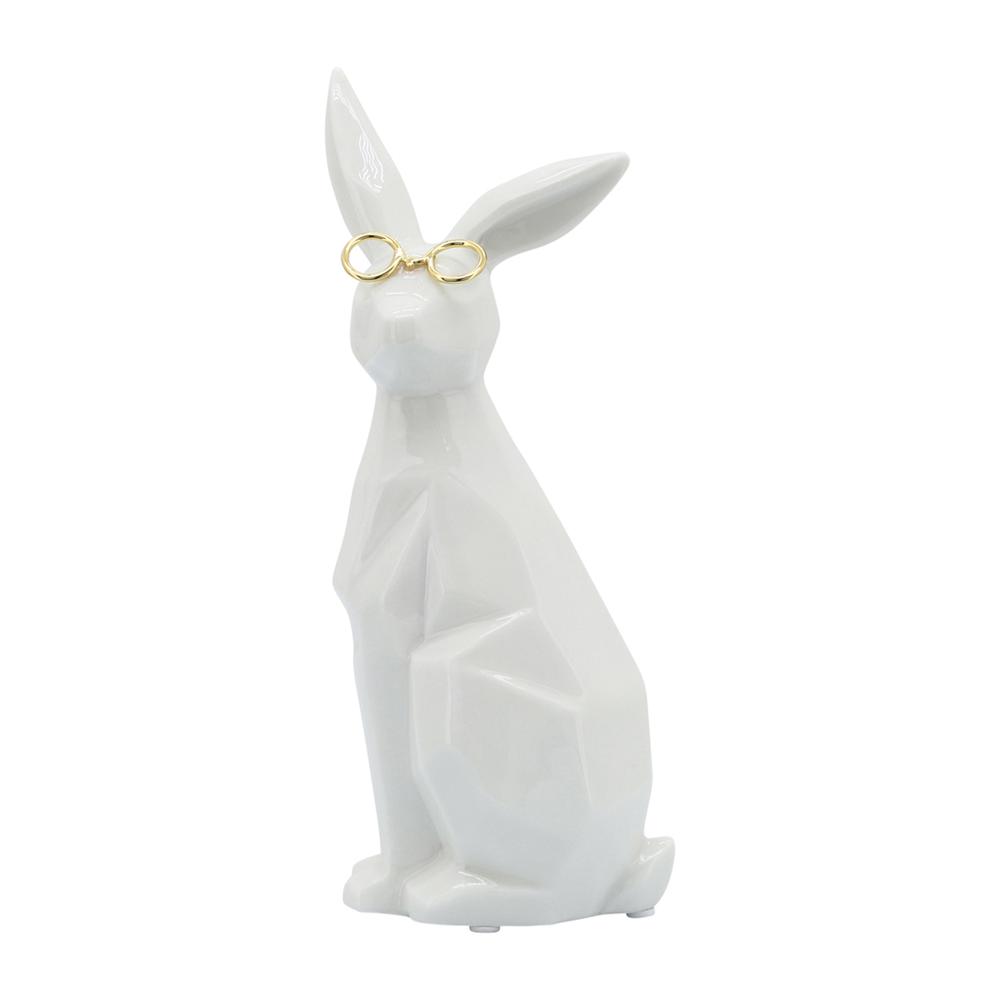 Cer, 8"h Sideview Bunny W/ Glasses, White/gold. Picture 2