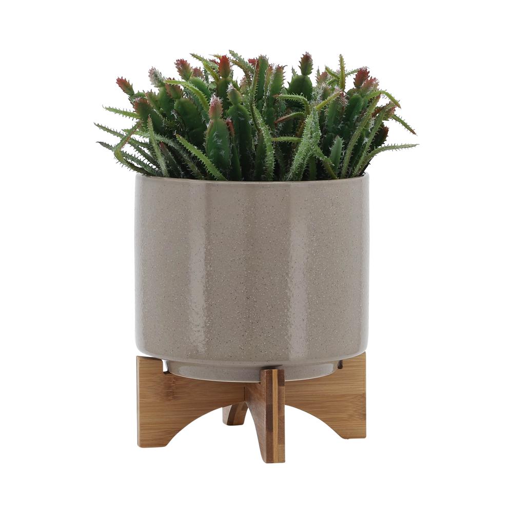 8"  Planter W/ Wood Stand, Beige. Picture 3