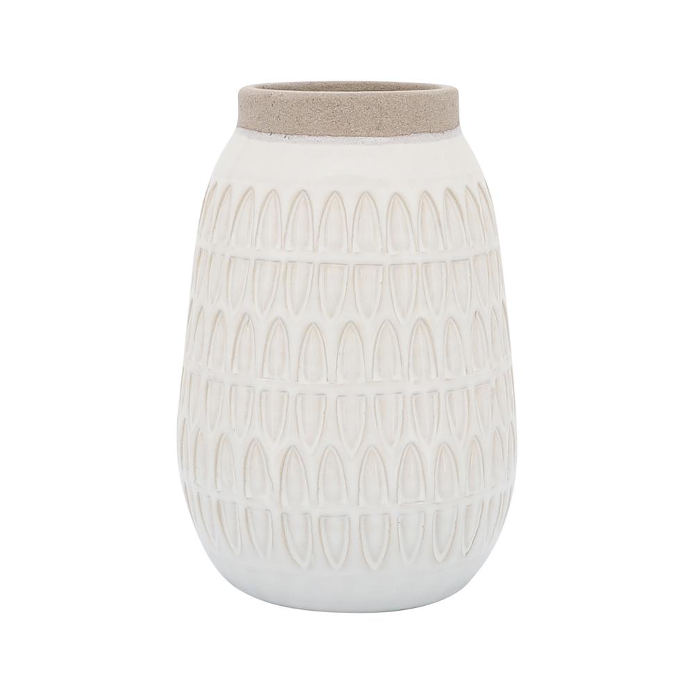 Cer, 8"h Carved Vase, Beige. Picture 1