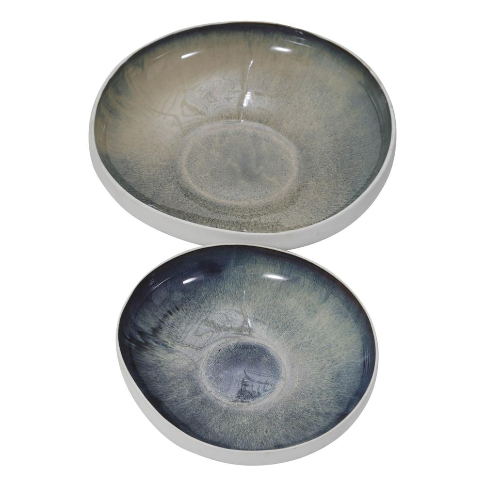 S/2 Ceramic Bowls 12/15", White/green. Picture 5