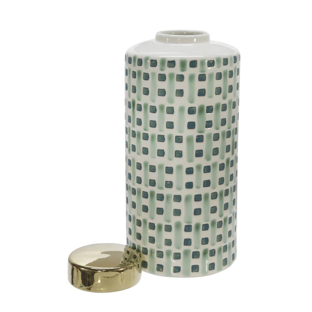 Ceramic 13" Jar With Gold Lid, Green/white. Picture 2