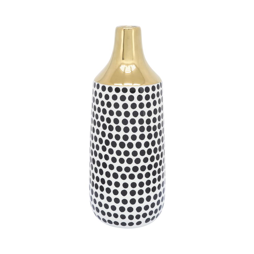 Cer, 16"h Polka Dots Vase, Gold/white. Picture 1