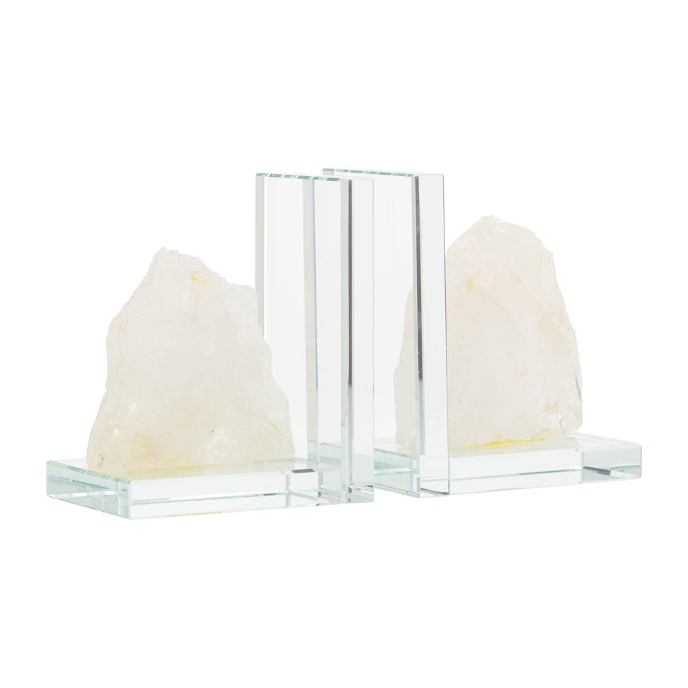 Glass, S/2 5"h Bookends With White Stone, Clear. Picture 1