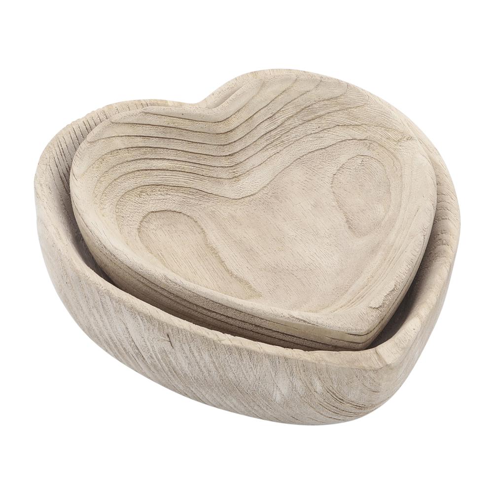 Wood, S/2 9/10" Heart Bowls, Natural. Picture 1
