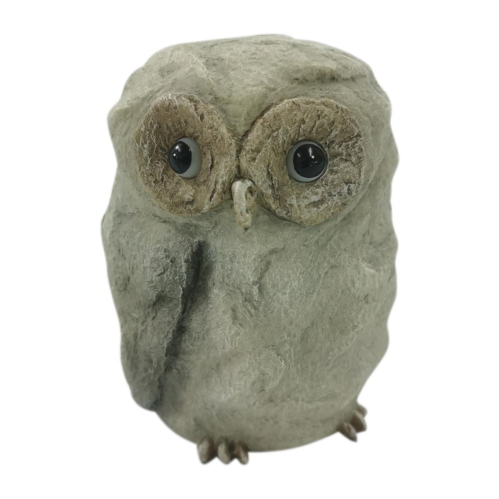 9" Faux Rock Owl With Solar Eyes, Grey. Picture 1