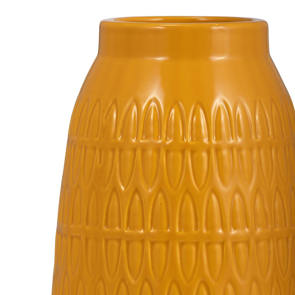 Cer, 10"h Carved Vase, Mustard Gold. Picture 4