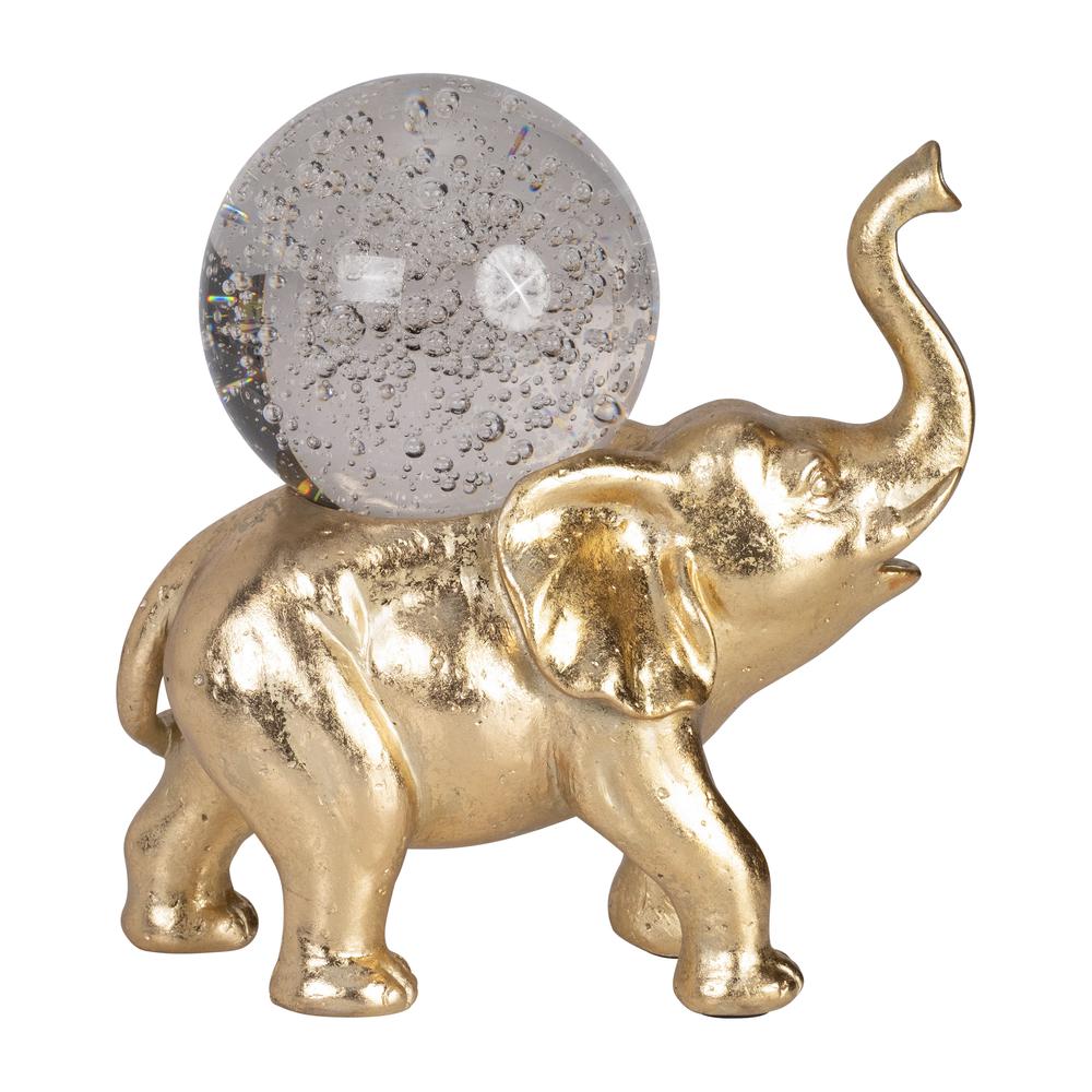 Resin, 9" Elephant W/ Crystal Ball, Gold. Picture 4