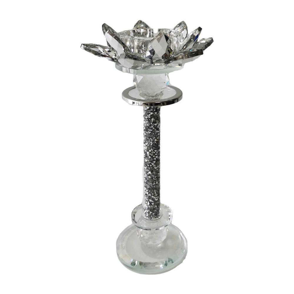 Glass, 9"h Lotus Glitter Candle Holder, Silver. Picture 1