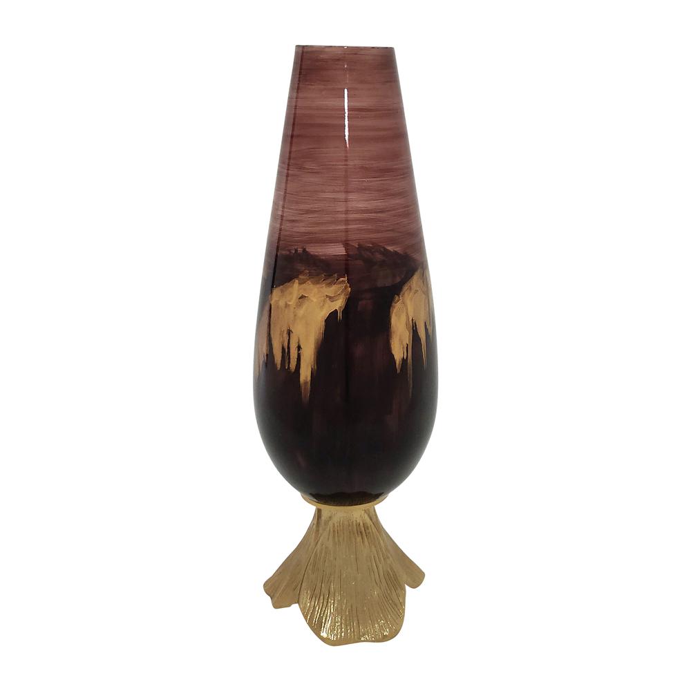 Glass, 19" Vase W/ Leaf Base, Bronze. Picture 1