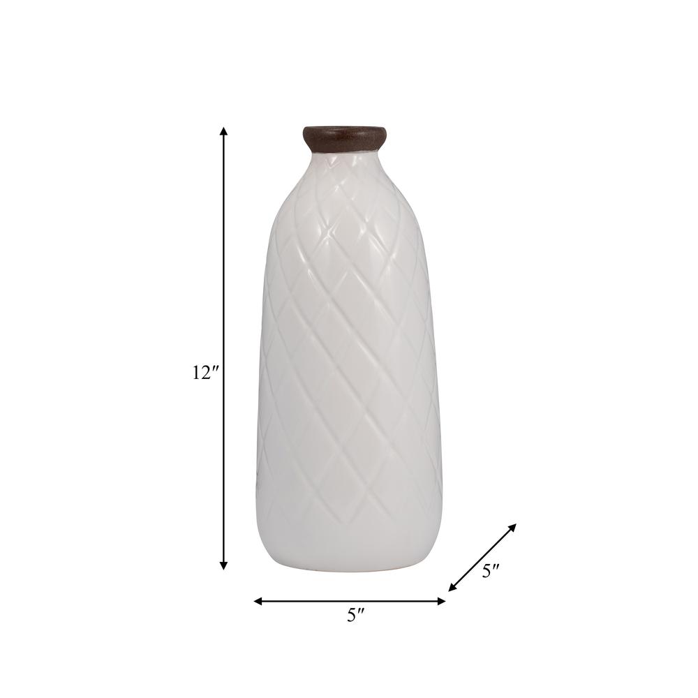 Cer, 12" Plaid Textured Vase, White. Picture 9