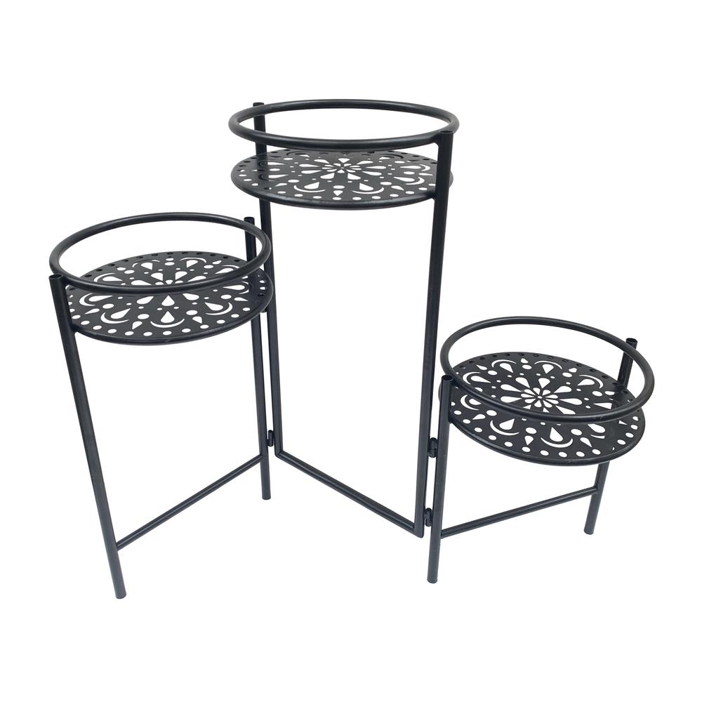 Metal, 22" Folding 3-tier Plant Stand, Black. Picture 1