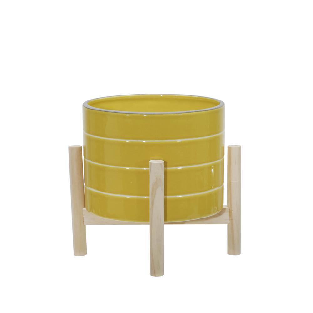 8" Ceramic Striped Planter W/ Wood Stand, Yellow. Picture 2