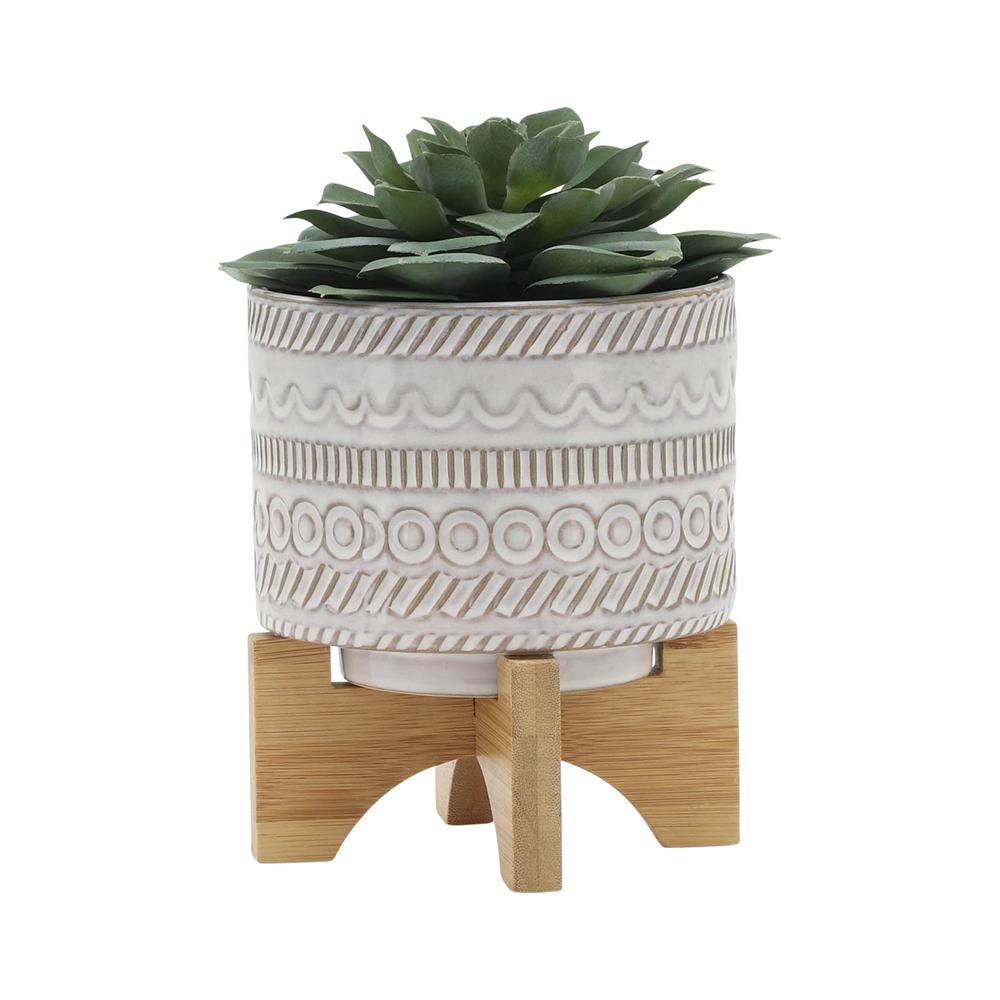 5" Tribal Planter W/ Wood Stand, Beige. Picture 3