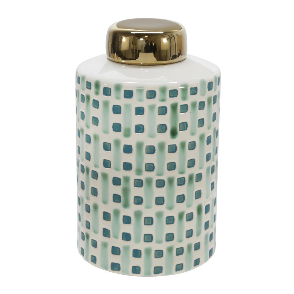 Ceramic 9" Jar With Gold Lid, Green/white. Picture 1