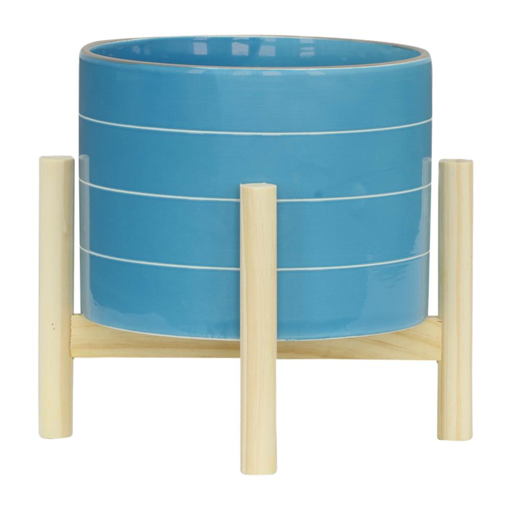 8" Striped Planter W/ Wood Stand, Skyblue. Picture 2
