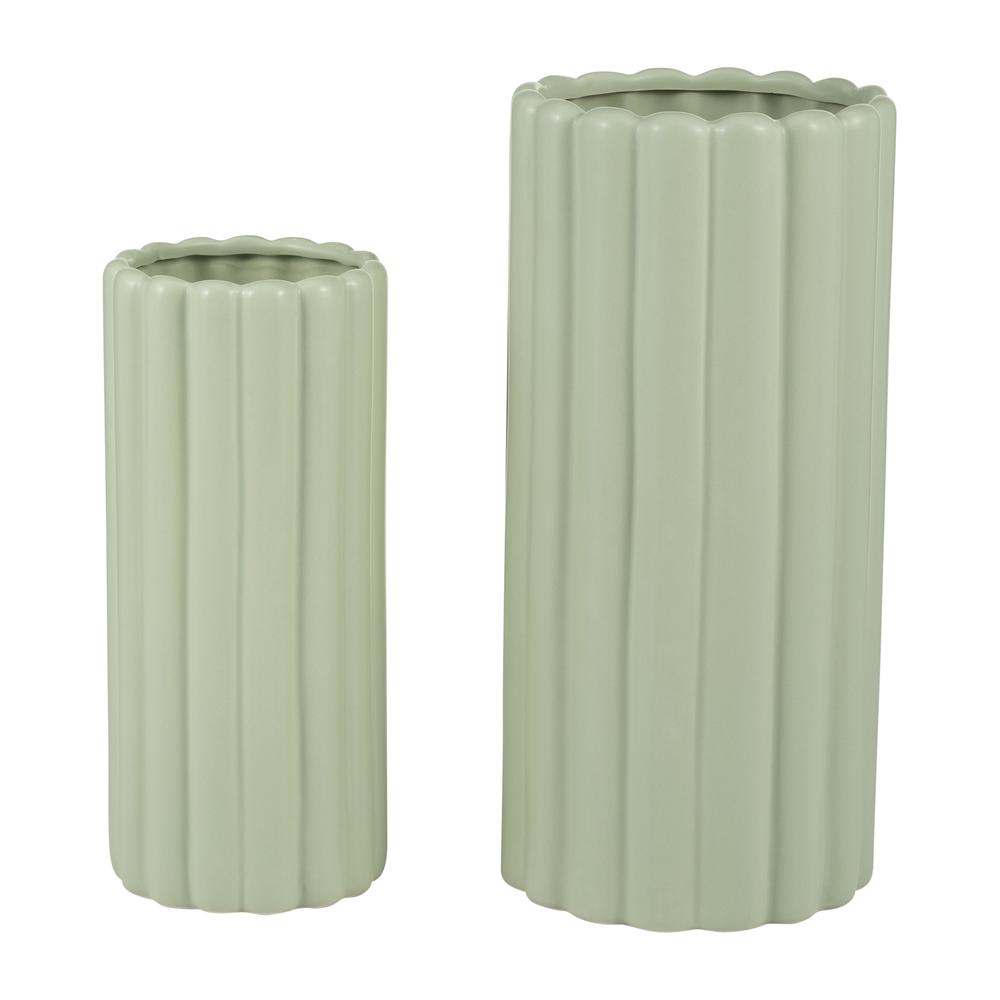 Cer, S/2 10/13?h Ribbed Vases, Cucumber. Picture 2
